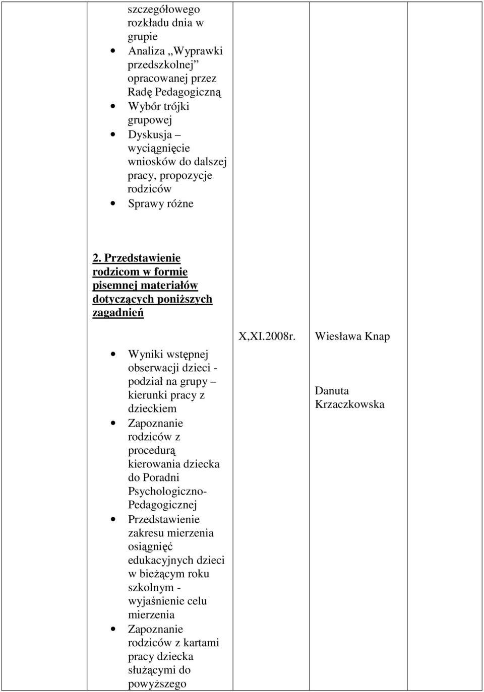 Przedstawienie rodzicom w formie pisemnej materiałów dotyczących poniŝszych zagadnień Wyniki wstępnej obserwacji dzieci - podział na grupy kierunki