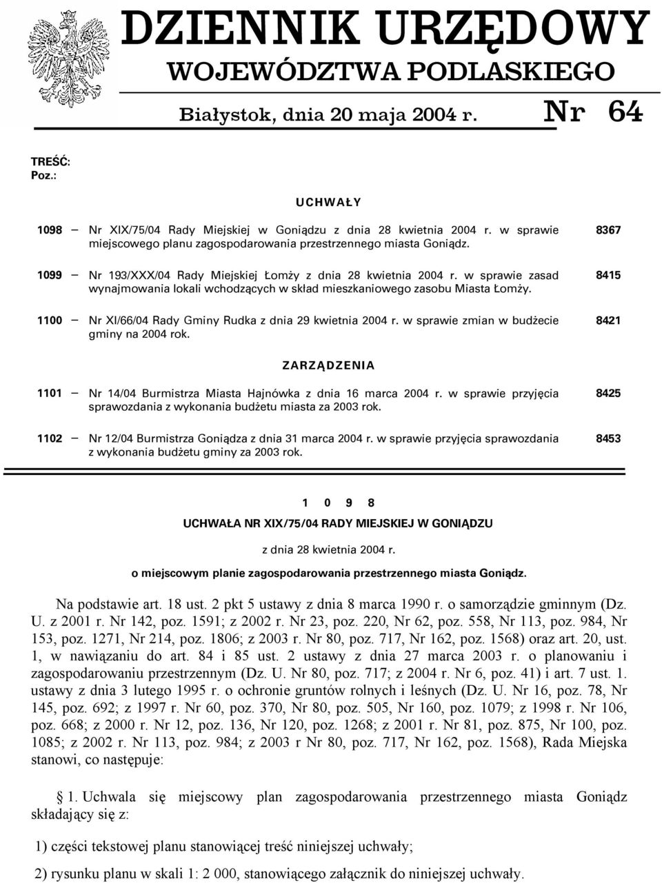 w sprawie zasad wynajmowania lokali wchodzących w skład mieszkaniowego zasobu Miasta Łomży. 1100 Nr XI/66/04 Rady Gminy Rudka z dnia 29 kwietnia 2004 r. w sprawie zmian w budżecie gminy na 2004 rok.