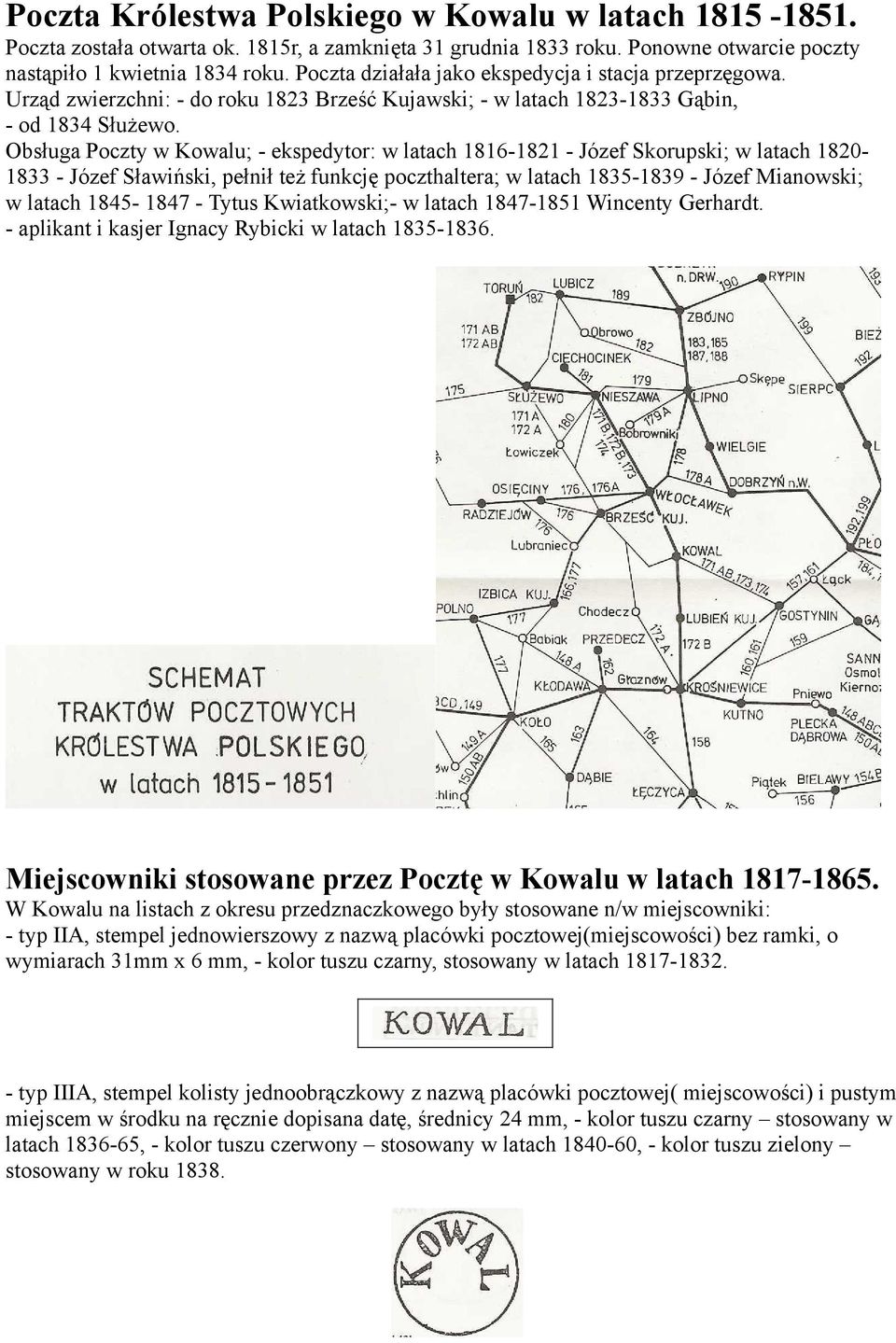 Obsługa Poczty w Kowalu; - ekspedytor: w latach 1816-1821 - Józef Skorupski; w latach 18201833 - Józef Sławiński, pełnił też funkcję poczthaltera; w latach 1835-1839 - Józef Mianowski; w latach