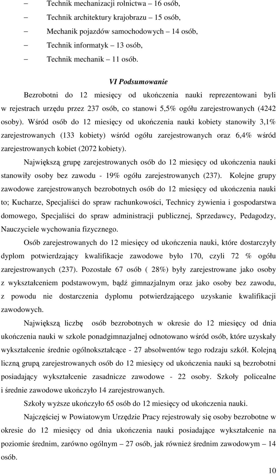 Wśród osób do 12 miesięcy od ukończenia nauki kobiety stanowiły 3,1% zarejestrowanych (133 kobiety) wśród ogółu zarejestrowanych oraz 6,4% wśród zarejestrowanych kobiet (2072 kobiety).