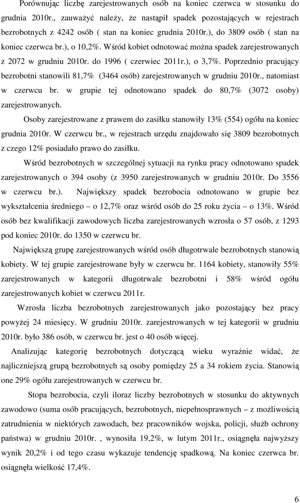 Wśród kobiet odnotować można spadek zarejestrowanych z 2072 w grudniu 2010r. do 1996 ( czerwiec 2011r.), o 3,7%.