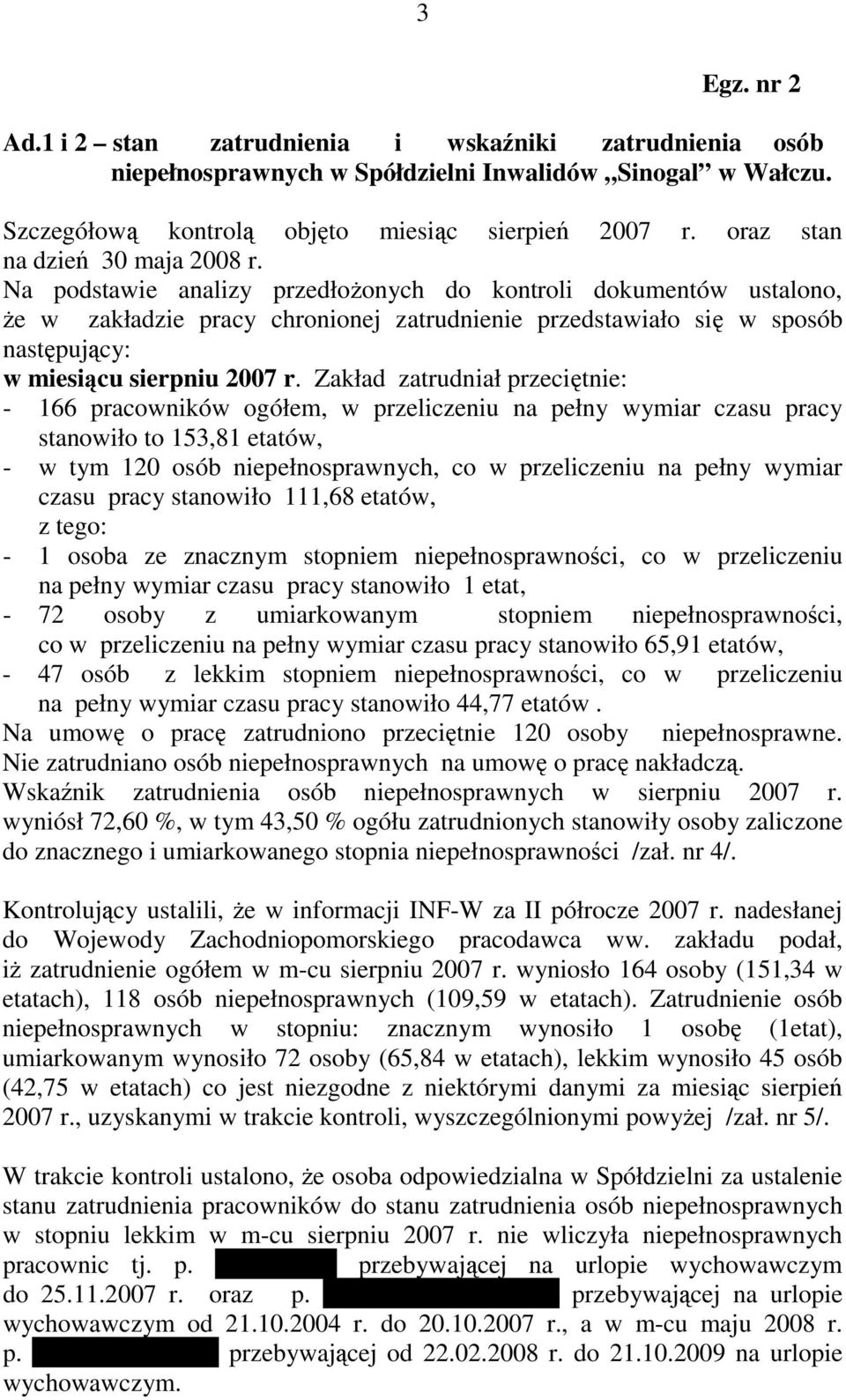 Na podstawie analizy przedłoŝonych do kontroli dokumentów ustalono, Ŝe w zakładzie pracy chronionej zatrudnienie przedstawiało się w sposób następujący: w miesiącu sierpniu 2007 r.