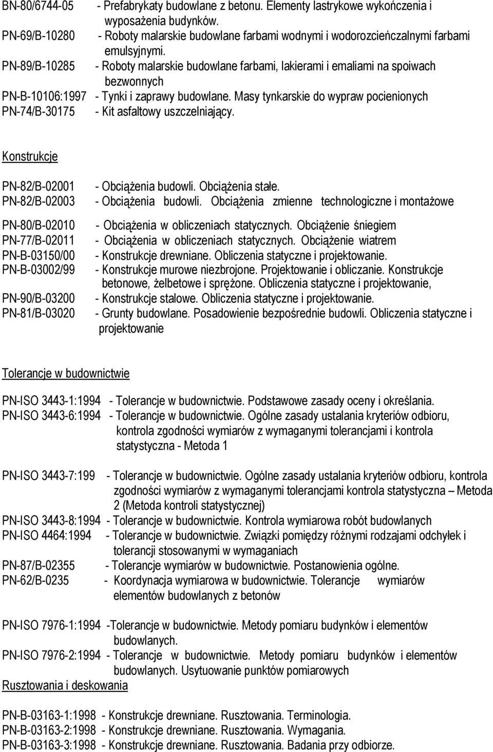 PN-89/B-10285 - Roboty malarskie budowlane farbami, lakierami i emaliami na spoiwach bezwonnych PN-B-10106:1997 - Tynki i zaprawy budowlane.