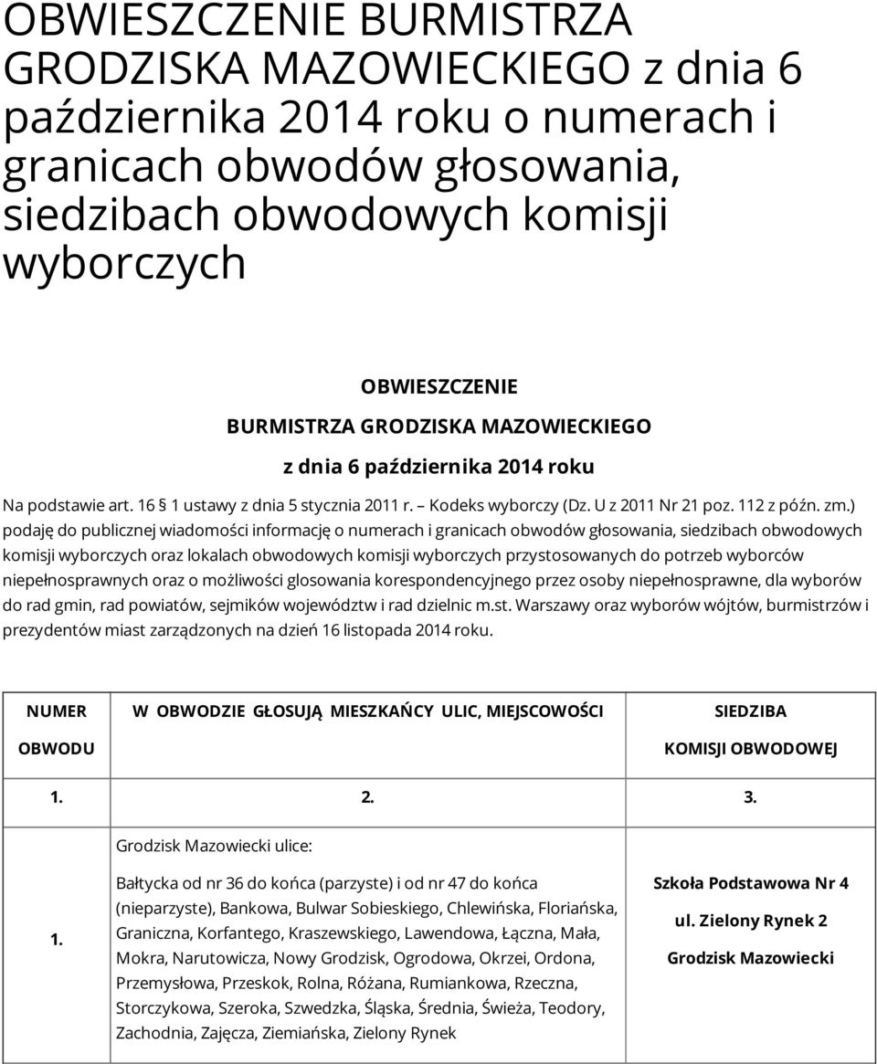 ) podaję do publicznej wiadomości informację o numerach i granicach obwodów głosowania, siedzibach obwodowych komisji wyborczych oraz lokalach obwodowych komisji wyborczych przystosowanych do potrzeb