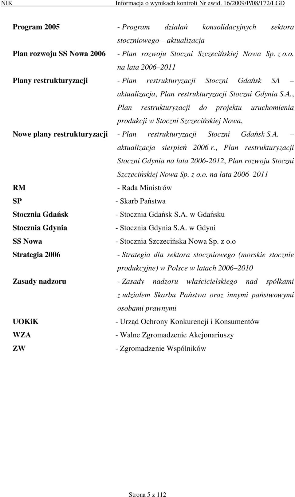 , Plan restrukturyzacji Stoczni Gdynia na lata 2006-2012, Plan rozwoju Stoczni Szczecińskiej Nowa Sp. z o.o. na lata 2006 2011 RM - Rada Ministrów SP - Skarb Państwa Stocznia Gdańsk - Stocznia Gdańsk S.