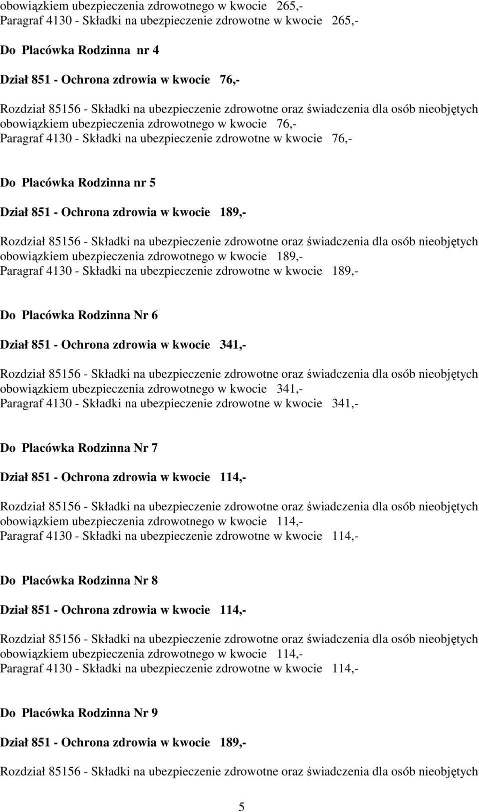 zdrowotnego w kwocie 189,- Paragraf 4130 - Składki na ubezpieczenie zdrowotne w kwocie 189,- Placówka Rodzinna Nr 6 Dział 851 - Ochrona zdrowia w kwocie 341,- obowiązkiem ubezpieczenia zdrowotnego w