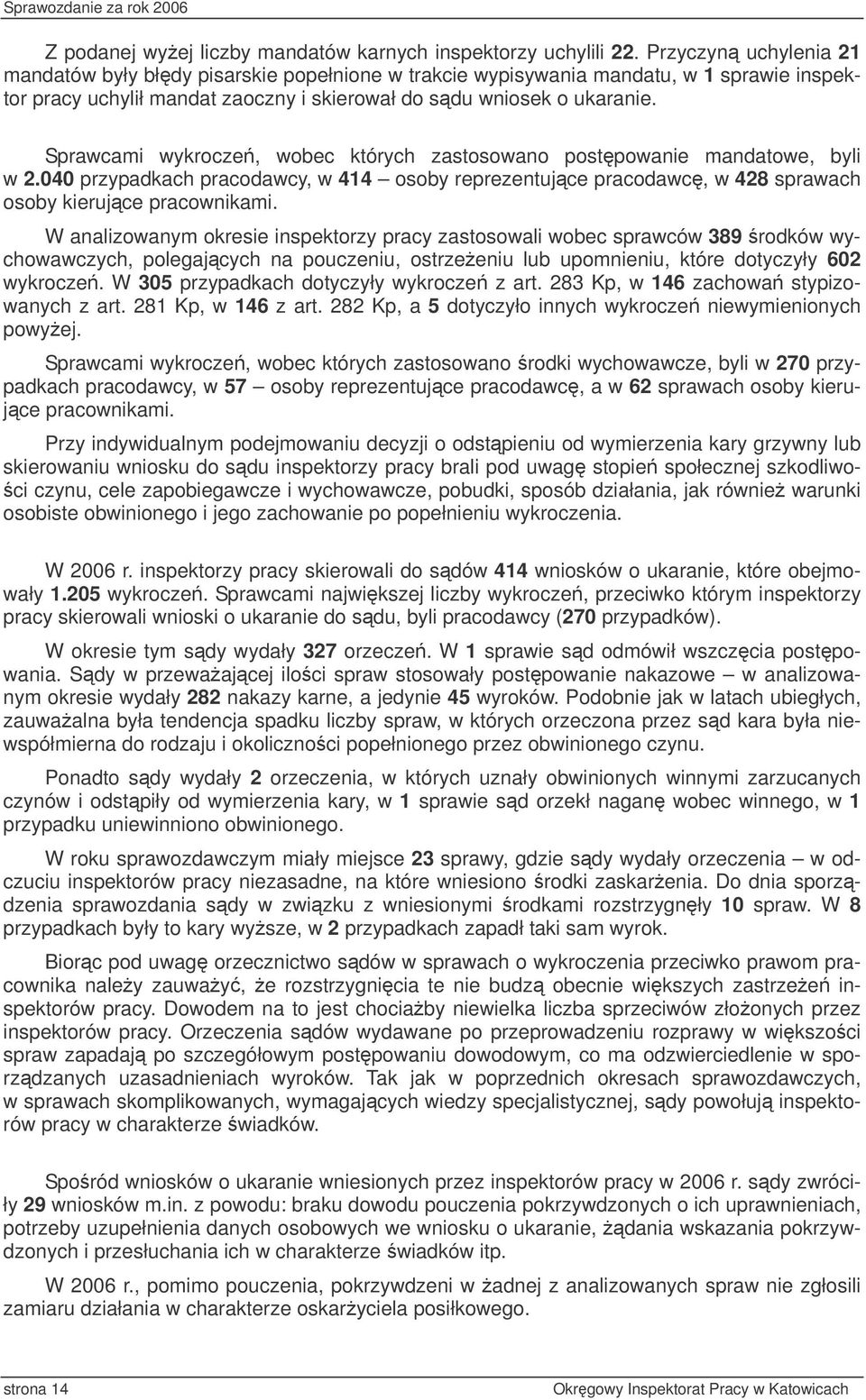 Sprawcami wykrocze, wobec których zastosowano postpowanie mandatowe, byli w 2.040 przypadkach pracodawcy, w 414 osoby reprezentujce pracodawc, w 428 sprawach osoby kierujce pracownikami.