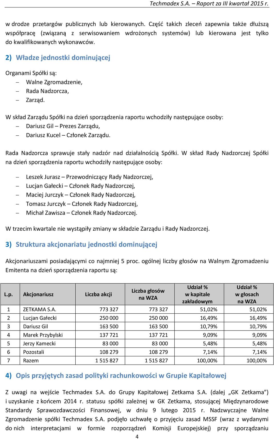 2) Władze jednostki dominującej Organami Spółki są: Walne Zgromadzenie, Rada Nadzorcza, Zarząd.