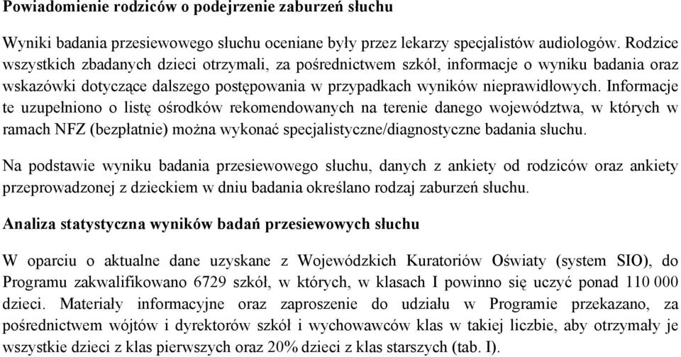 Informacje te uzupełniono o listę ośrodków rekomendowanych na terenie danego województwa, w których w ramach NFZ (bezpłatnie) można wykonać specjalistyczne/diagnostyczne badania słuchu.