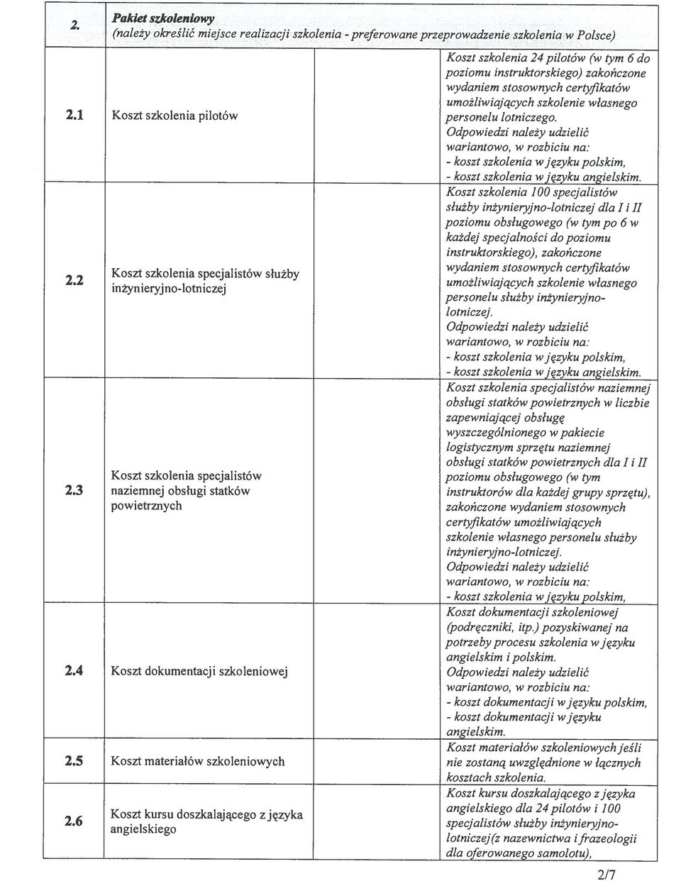 polskim, - koszt szkolenia wjęzyku angielskim Koszt szkolenia 100 specjalistów służby inżynieryjno-lotniczej dla I i II poziomu obsługowego (w tym po 6 w każdej specjalności do poziomu