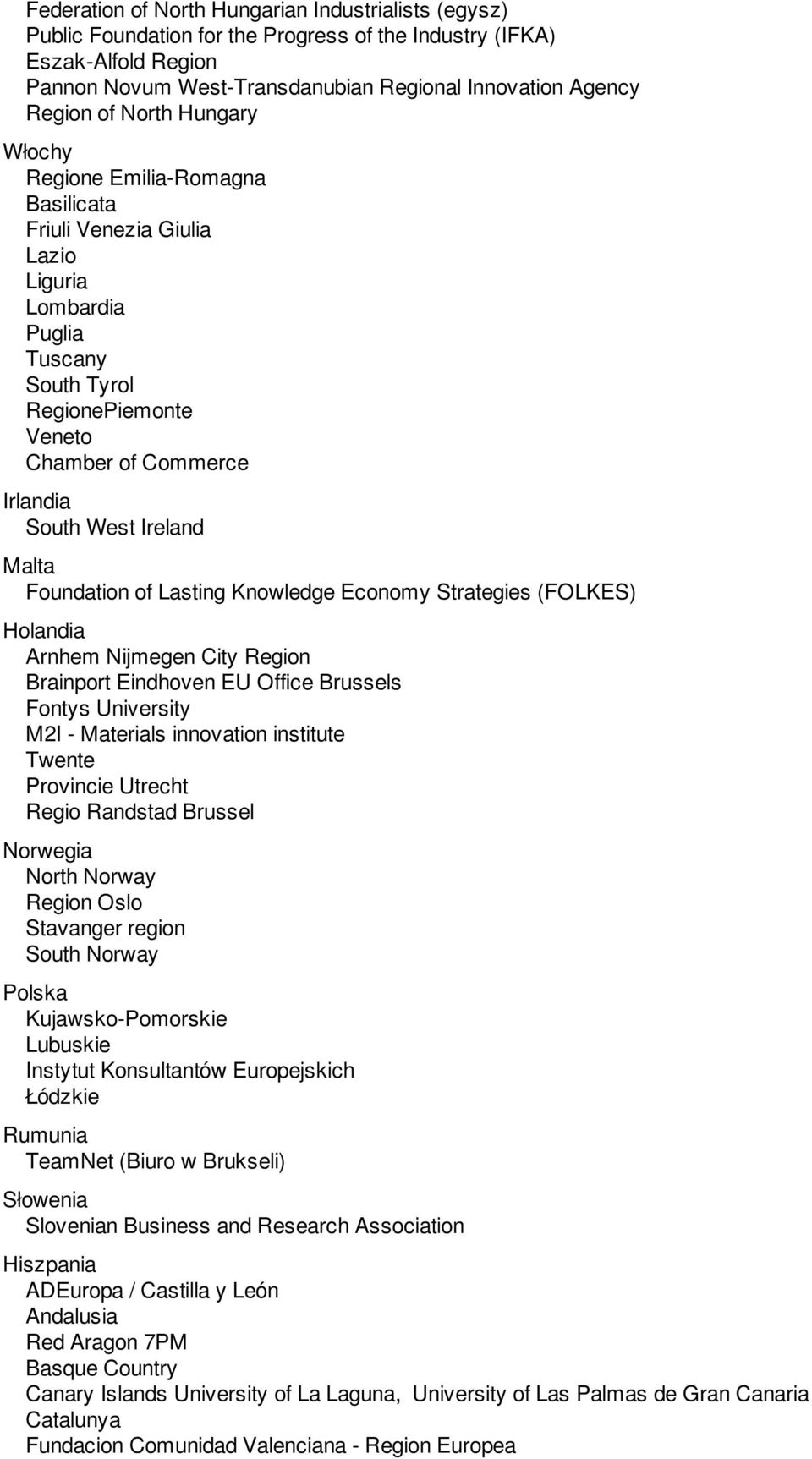 Malta Foundation of Lasting Knowledge Economy Strategies (FOLKES) Holandia Arnhem Nijmegen City Region Brainport Eindhoven EU Office Brussels Fontys University M2I - Materials innovation institute