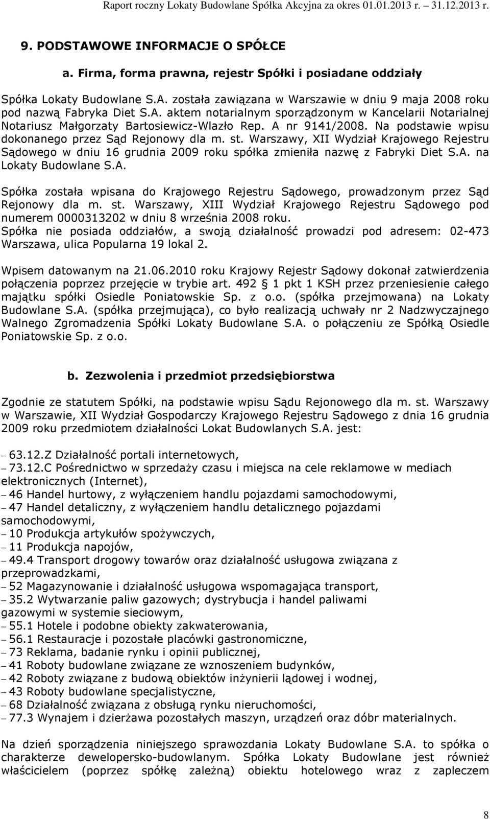 Warszawy, XII Wydział Krajowego Rejestru Sądowego w dniu 16 grudnia 2009 roku spółka zmieniła nazwę z Fabryki Diet S.A.