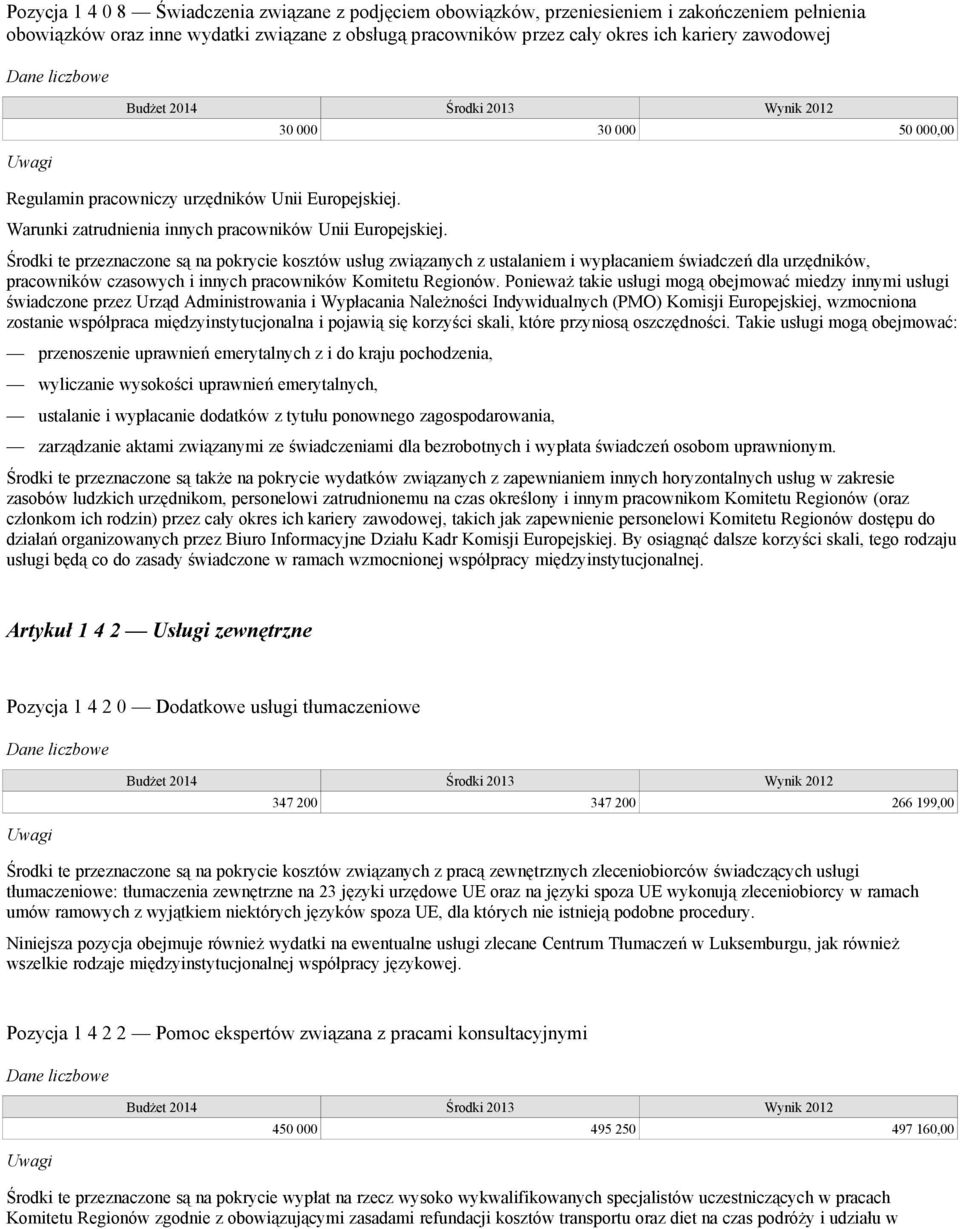 30 000 30 000 50 000,00 Środki te przeznaczone są na pokrycie kosztów usług związanych z ustalaniem i wypłacaniem świadczeń dla urzędników, pracowników czasowych i innych pracowników Komitetu