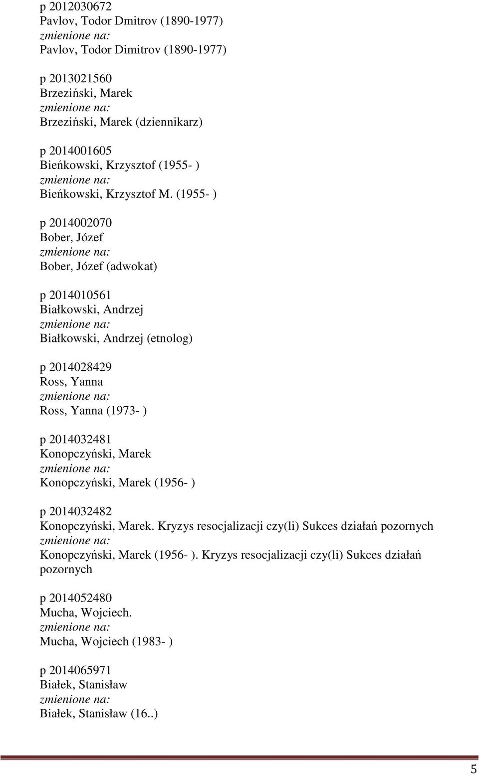 (1955- ) p 2014002070 Bober, Józef Bober, Józef (adwokat) p 2014010561 Białkowski, Andrzej Białkowski, Andrzej (etnolog) p 2014028429 Ross, Yanna Ross, Yanna (1973- ) p 2014032481