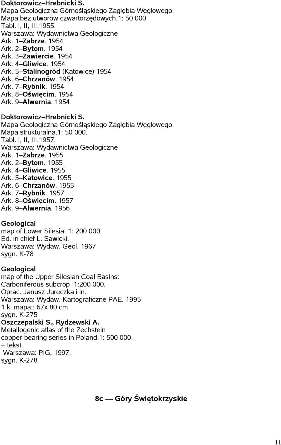 1954 Doktorowicz Hrebnicki S. Geologiczna Górnośląskiego Zagłębia Węglowego. strukturalna.1: 50 000. Tabl. I, II, III.1957. Warszawa: Wydawnictwa Geologiczne Ark. 1 Zabrze. 1955 Ark. 2 Bytom.