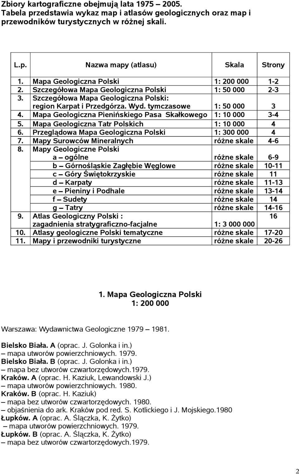 Geologiczna Pienińskiego Pasa Skałkowego 1: 10 000 3-4 5. Geologiczna Tatr Polskich 1: 10 000 4 6. Przeglądowa Geologiczna Polski 1: 300 000 4 7. Mapy Surowców Mineralnych różne skale 4-6 8.