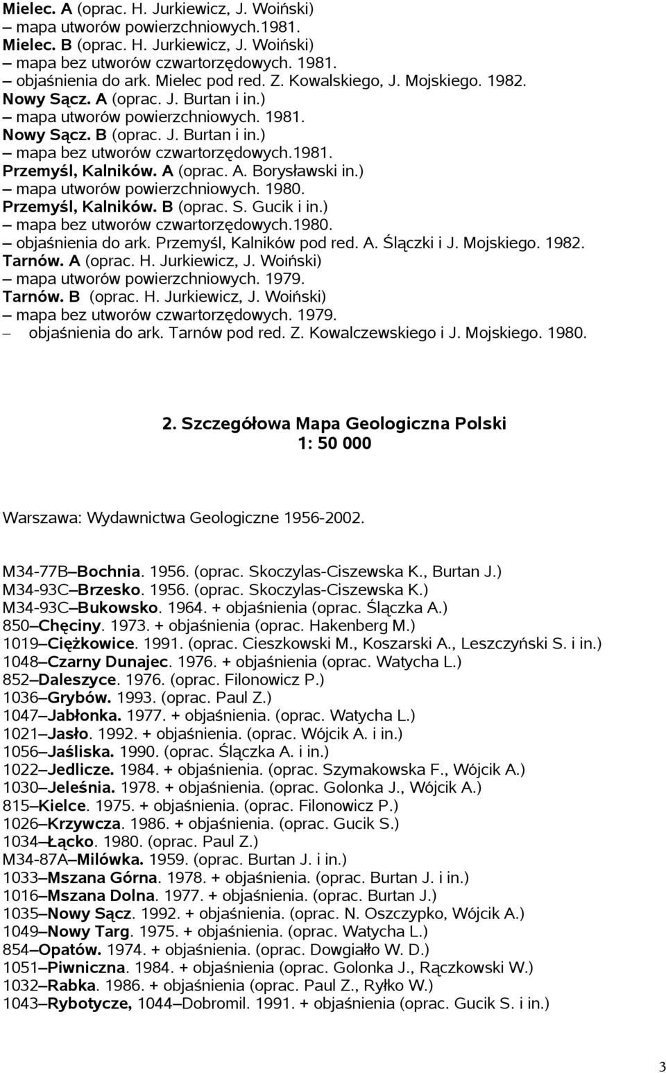 1981. Przemyśl, Kalników. A (oprac. A. Borysławski in.) mapa utworów powierzchniowych. 1980. Przemyśl, Kalników. B (oprac. S. Gucik i in.) mapa bez utworów czwartorzędowych.1980. objaśnienia do ark.