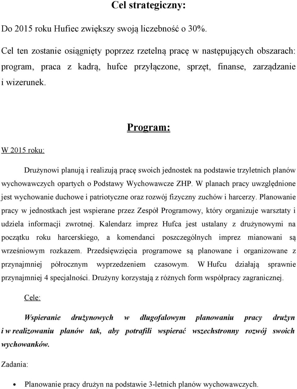 Program: W 2015 roku: Drużynowi planują i realizują pracę swoich jednostek na podstawie trzyletnich planów wychowawczych opartych o Podstawy Wychowawcze ZHP.