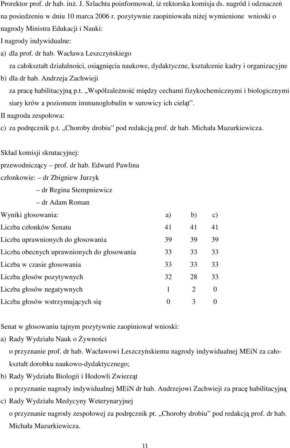 Wacława Leszczyńskiego za całokształt działalności, osiągnięcia naukowe, dydaktyczne, kształcenie kadry i organizacyjne b) dla dr hab. Andrzeja Zachwieji za pracę habilitacyjną p.t. Współzależność między cechami fizykochemicznymi i biologicznymi siary krów a poziomem immunoglobulin w surowicy ich cieląt.