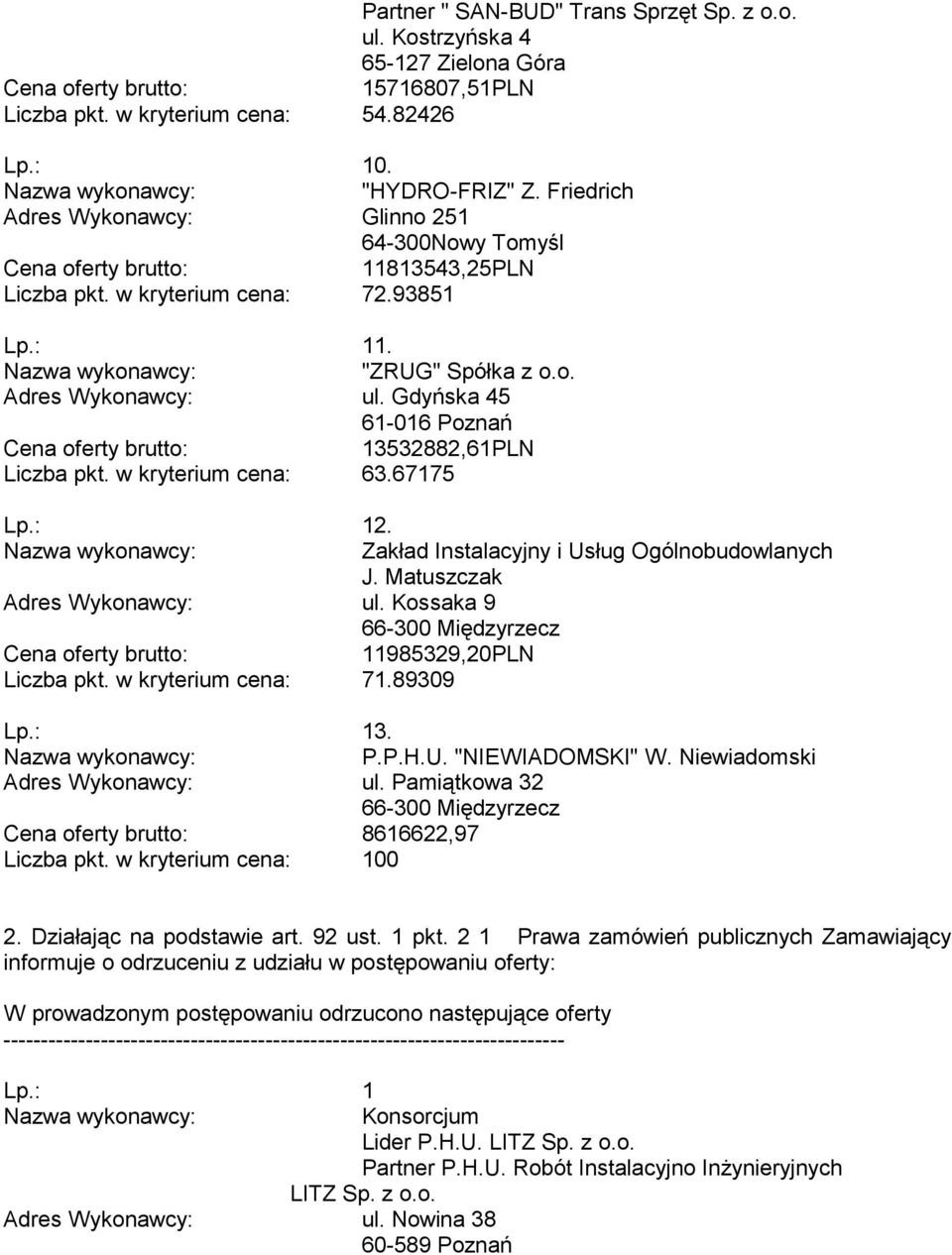 Gdyńska 45 61-016 Poznań 13532882,61PLN Liczba pkt. w kryterium cena: 63.67175 Lp.: 12. Zakład Instalacyjny i Usług Ogólnobudowlanych J. Matuszczak Adres Wykonawcy: ul.