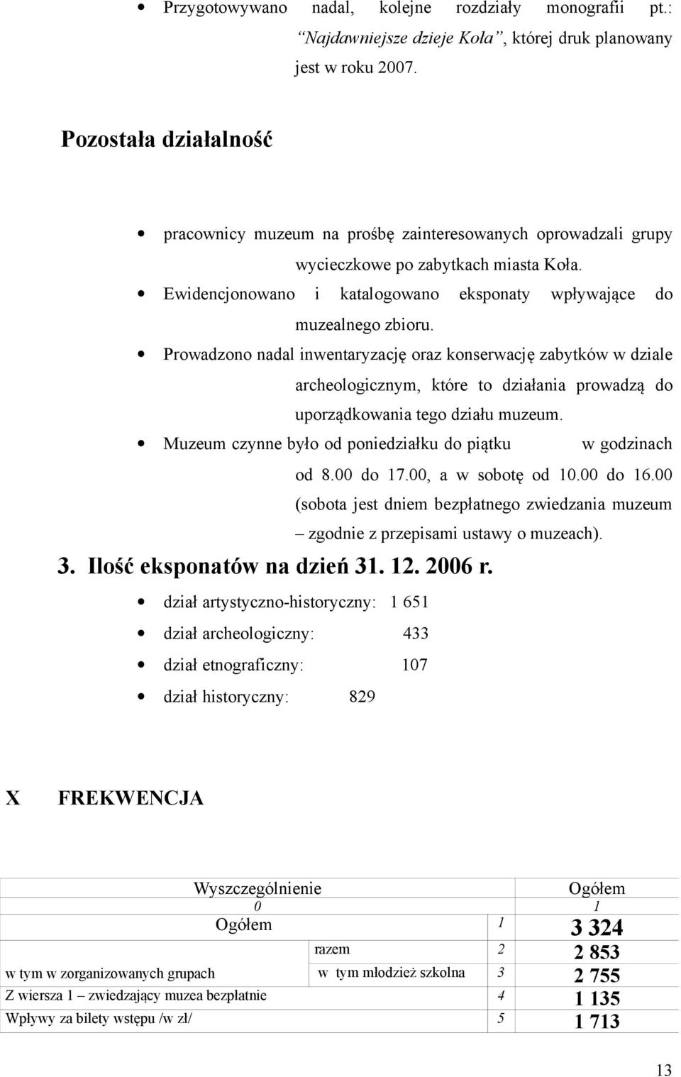 Prowadzono nadal inwentaryzację oraz konserwację zabytków w dziale archeologicznym, które to działania prowadzą do uporządkowania tego działu muzeum.