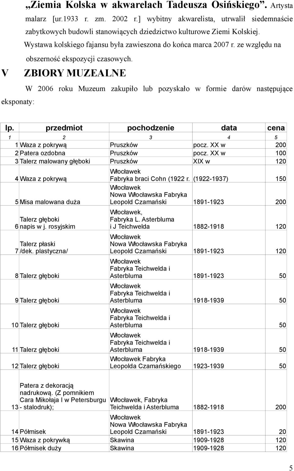 ze względu na obszerność ekspozycji czasowych. V ZBIORY MUZEALNE W 2006 roku Muzeum zakupiło lub pozyskało w formie darów następujące eksponaty: lp.