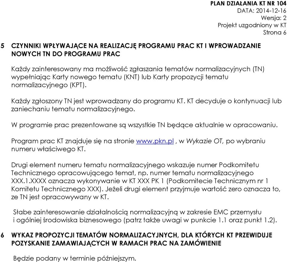 W programie prac prezentowane są wszystkie TN będące aktualnie w opracowaniu. Program prac KT znajduje się na stronie www.pkn.pl, w Wykazie OT, po wybraniu numeru właściwego KT.