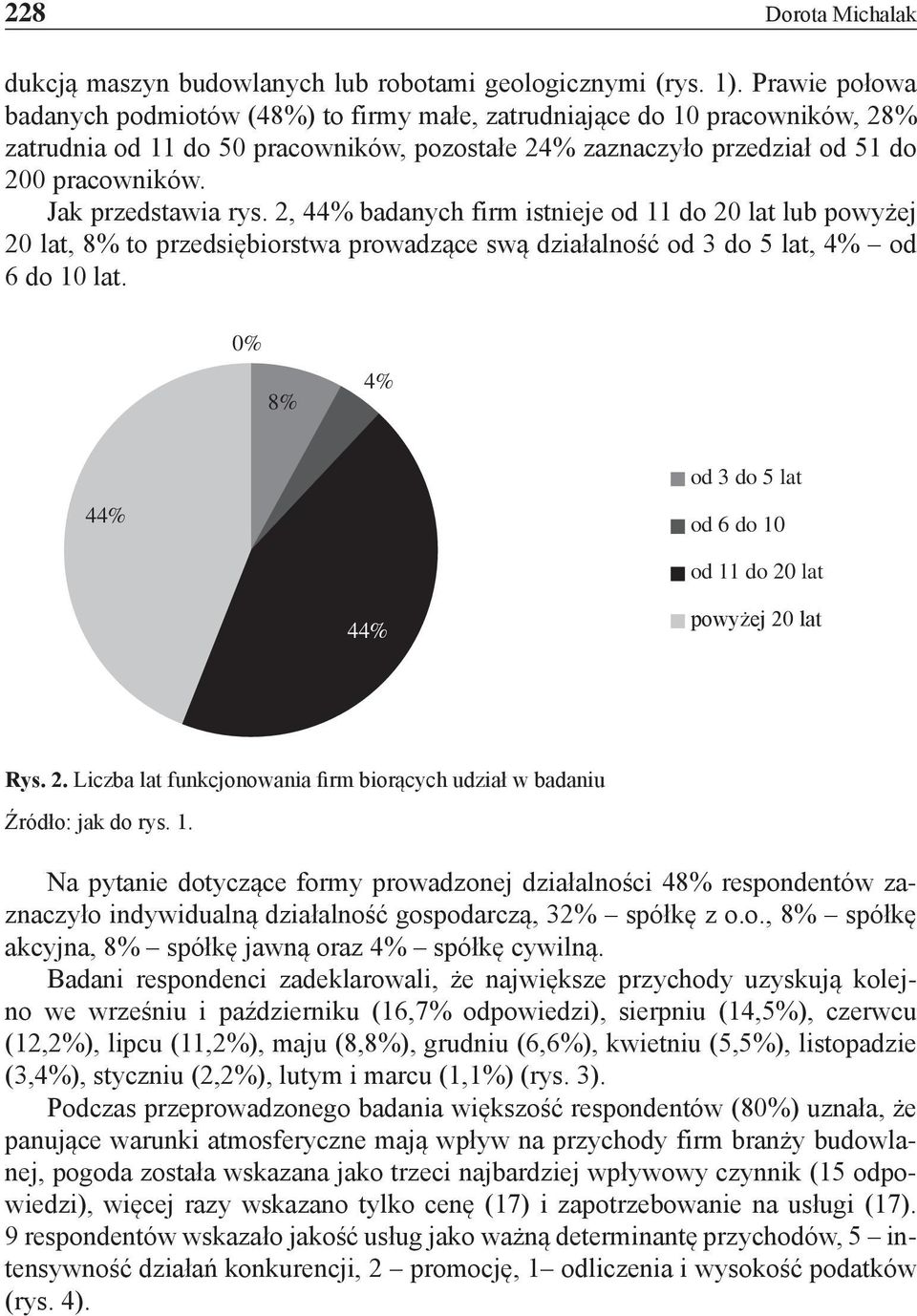 Jak przedstawia rys. 2, 44% badanych firm istnieje od 11 do 20 lat lub powyżej 20 lat, 8% to przedsiębiorstwa prowadzące swą działalność od 3 do 5 lat, 4% od 6 do 10 lat.