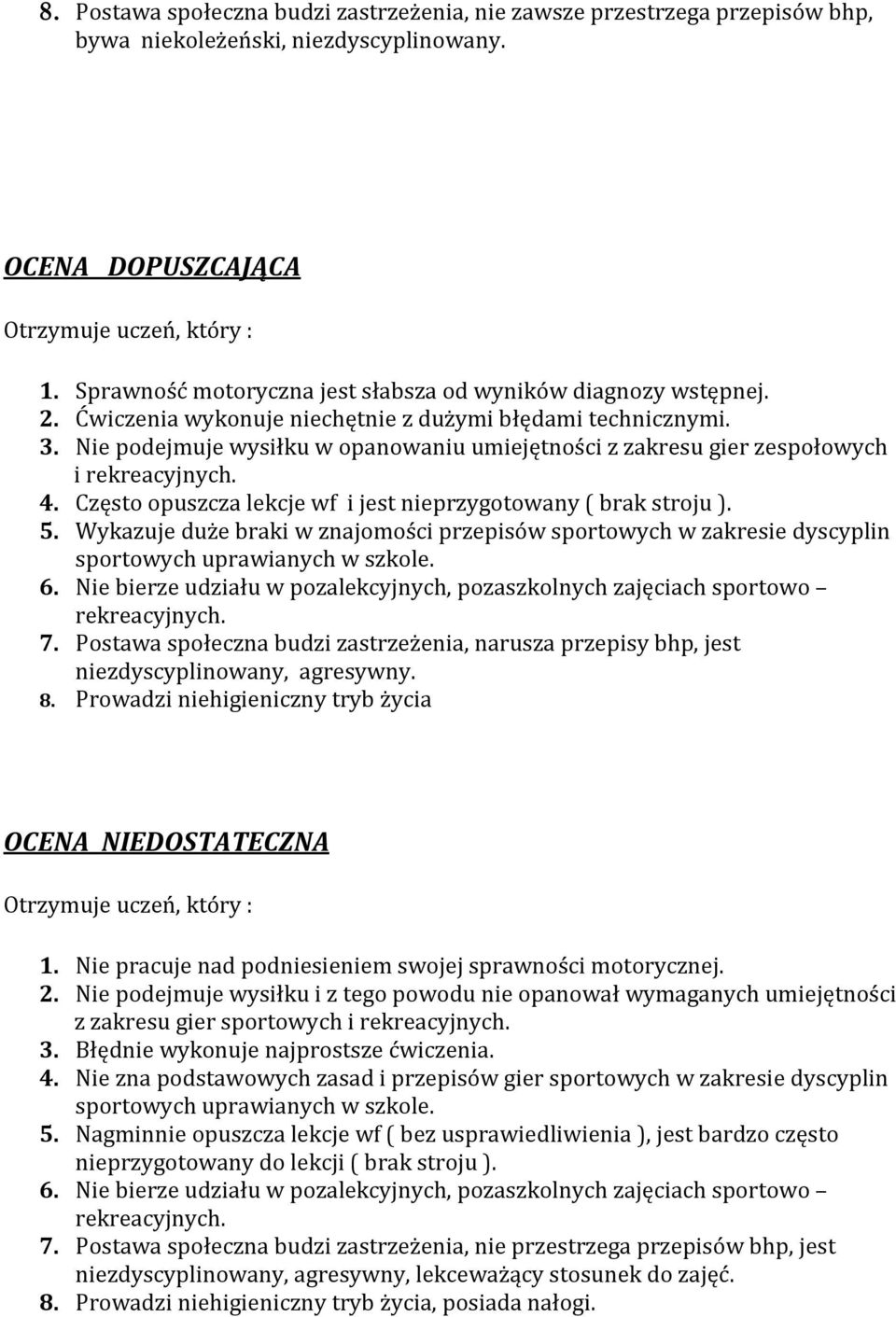 Nie podejmuje wysiłku w opanowaniu umiejętności z zakresu gier zespołowych i 4. Często opuszcza lekcje wf i jest nieprzygotowany ( brak stroju ). 5.