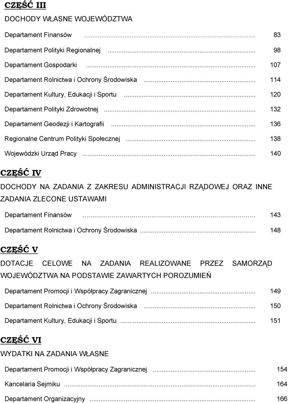 .. 138 Wojewódzki Urząd Pracy... 140 CZĘŚĆ IV DOCHODY NA ZADANIA Z ZAKRESU ADMINISTRACJI RZĄDOWEJ ORAZ INNE ZADANIA ZLECONE USTAWAMI Departament Finansów.