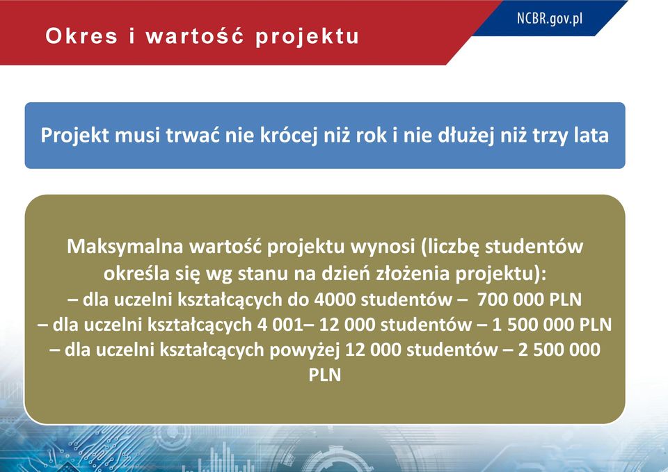 projektu): dla uczelni kształcących do 4000 studentów 700 000 PLN dla uczelni kształcących 4