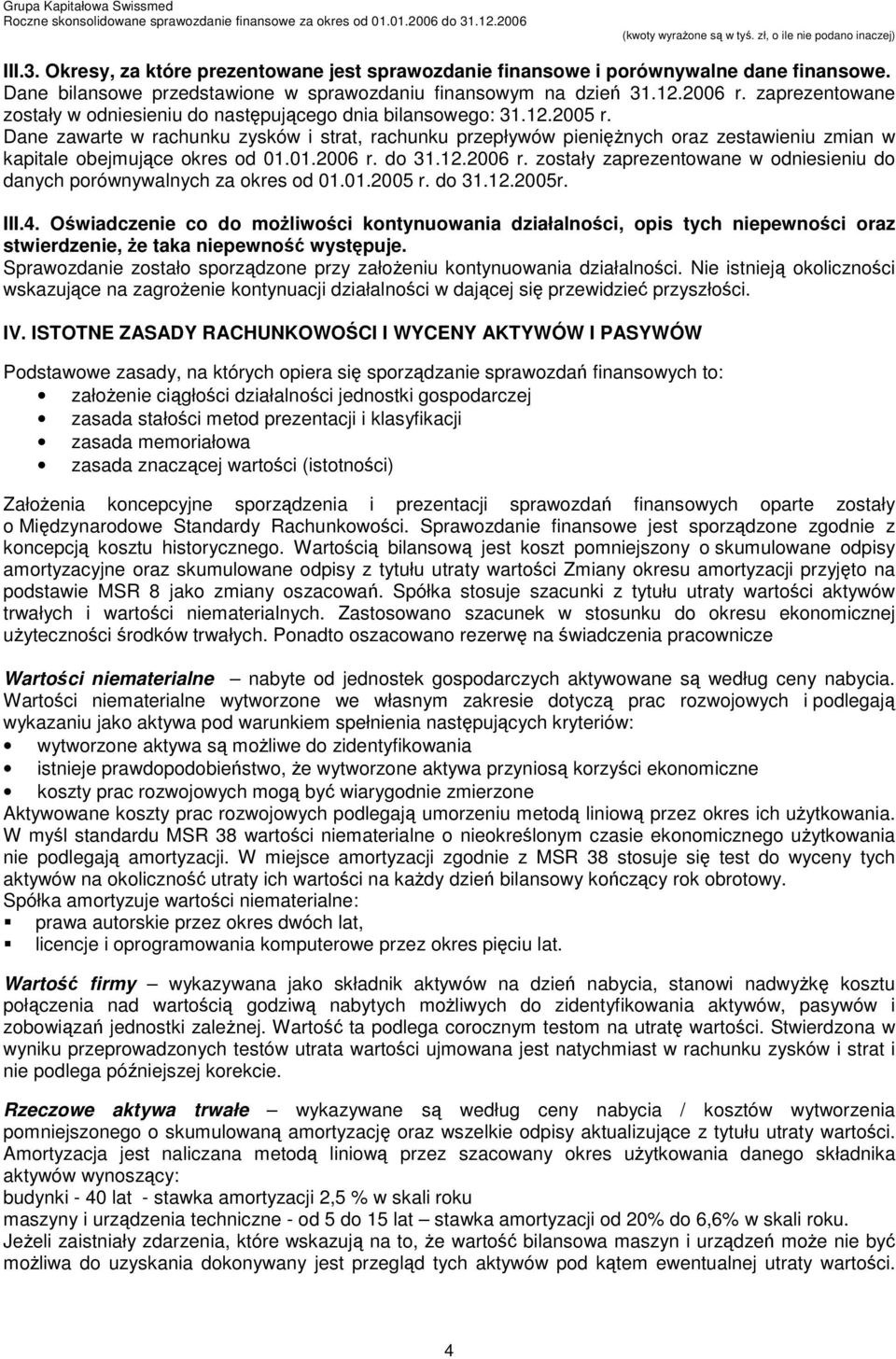 Dane zawarte w rachunku zysków i strat, rachunku przepływów pieniężnych oraz zestawieniu zmian w kapitale obejmujące okres od 01.01.2006 r.