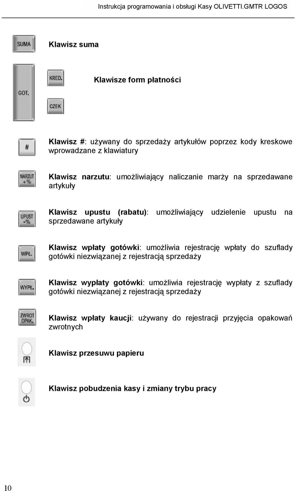 rejestrację wpłaty do szuflady gotówki niezwiązanej z rejestracją sprzedaży Klawisz wypłaty gotówki: umożliwia rejestrację wypłaty z szuflady gotówki