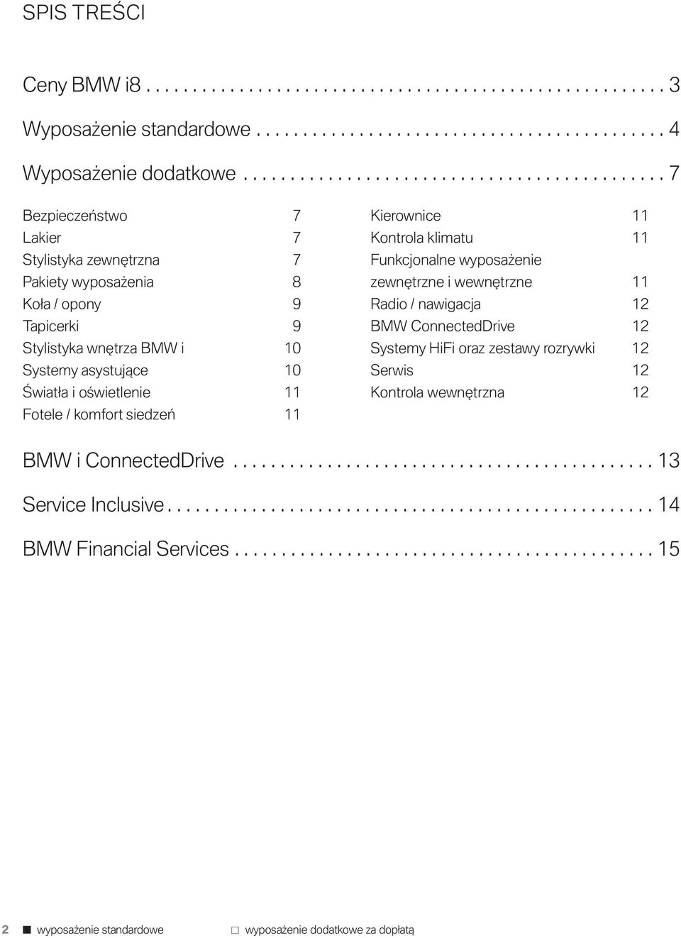 Światła i oświetlenie 11 Fotele / komfort siedzeń 11 Kierownice 11 Kontrola klimatu 11 Funkcjonalne wyposażenie zewnętrzne i wewnętrzne 11 Radio / nawigacja 12 BMW ConnectedDrive 12 Systemy HiFi oraz
