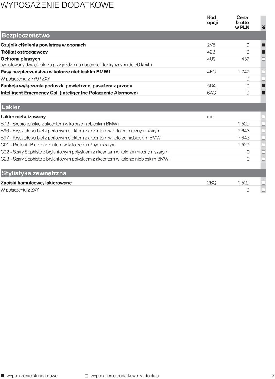 (Inteligentne Połączenie Alarmowe) 6AC 0 Kod opcji Cena brutto w PLN i8 Lakier Lakier metalizowany met B72 - Srebro jońskie z akcentem w kolorze niebieskim BMW i 1 529 B96 - Kryształowa biel z
