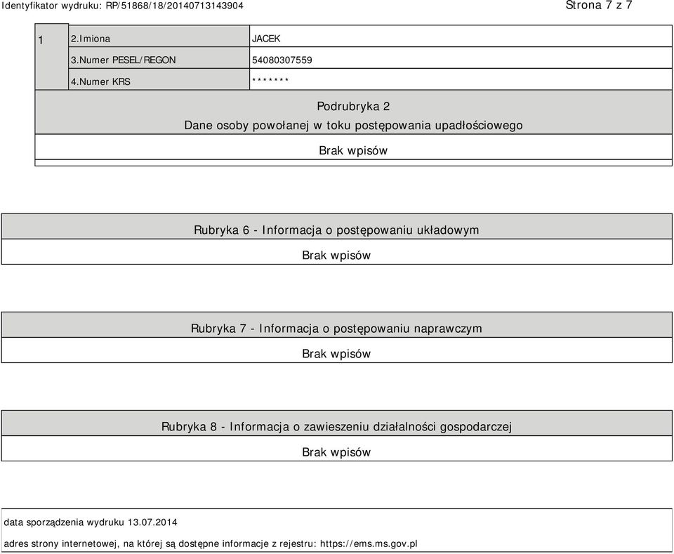 o postępowaniu układowym Rubryka 7 - Informacja o postępowaniu naprawczym Rubryka 8 - Informacja o zawieszeniu