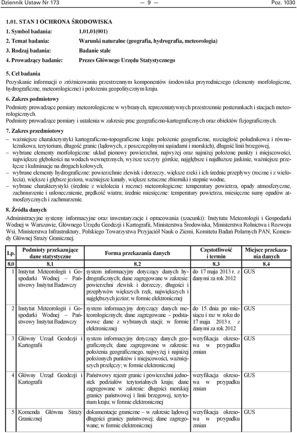 Prowadz cy badanie: Prezes G ównego Urz du Statystycznego Pozyskanie informacji o zró nicowaniu przestrzennym komponentów rodowiska przyrodniczego (elementy morfologiczne, hydrograficzne,