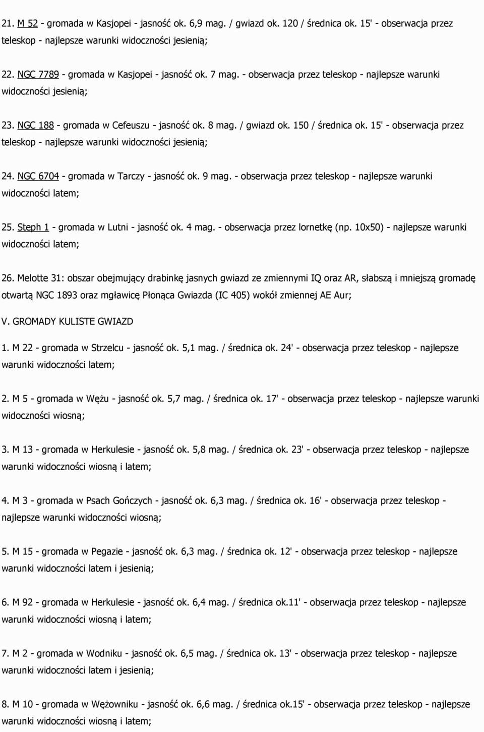150 / średnica ok. 15' - obserwacja przez teleskop - najlepsze warunki widoczności jesienią; 24. NGC 6704 - gromada w Tarczy - jasność ok. 9 mag.