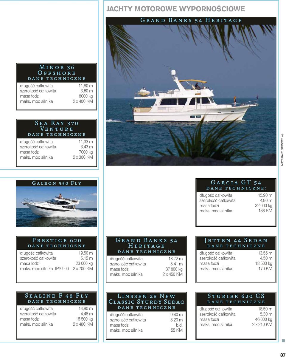x 700 KM Grand Banks 54 Heritage łodzi 18,72 m 5,41 m 37 800 kg 2 x 450 KM Jetten 44 Sedan łodzi 13,55 m 4,50 m 18 500 kg 170 KM Sealine F 48 Fly łodzi 14,90
