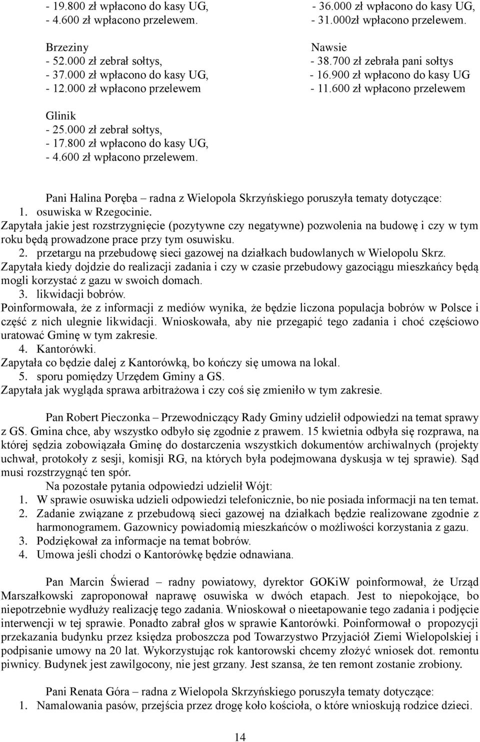 800 zł wpłacono do kasy UG, - 4.600 zł wpłacono przelewem. Pani Halina Poręba radna z Wielopola Skrzyńskiego poruszyła tematy dotyczące: 1. osuwiska w Rzegocinie.