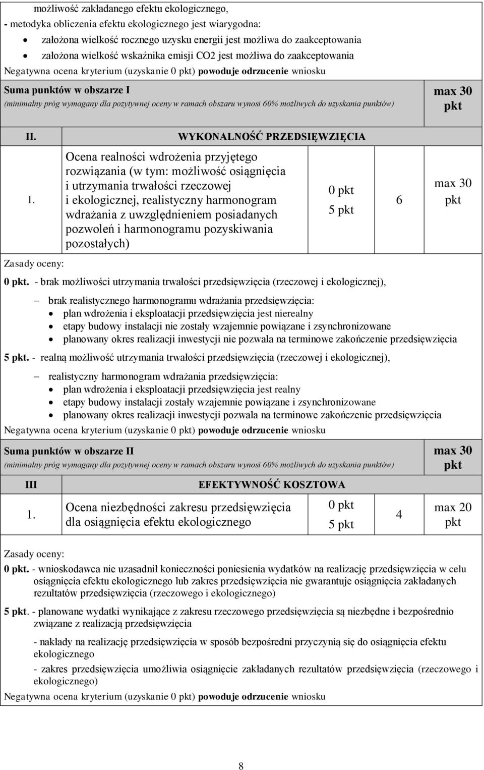 ramach obszaru wynosi 60% możliwych do uzyskania punktów) max 30 pkt II. WYKONALNOŚĆ PRZEDSIĘWZIĘCIA 1.