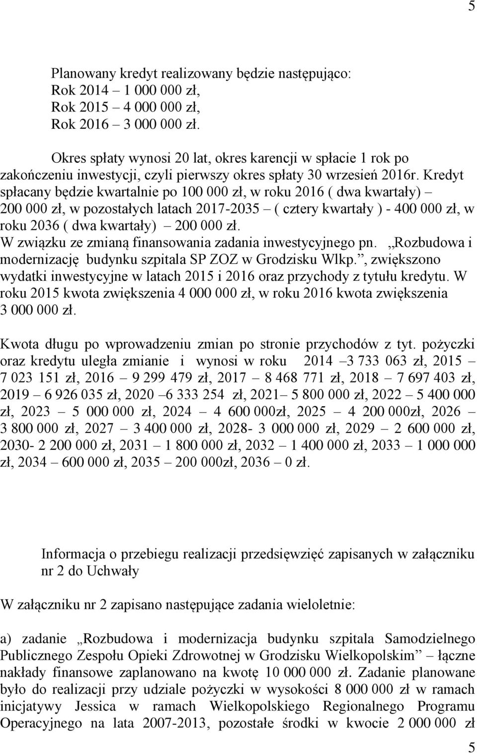 Kredyt spłacany będzie kwartalnie po 100 000 zł, 2016 ( dwa kwartały) 200 000 zł, w pozostałych latach 2017-2035 ( cztery kwartały ) - 400 000 zł, w roku 2036 ( dwa kwartały) 200 000 zł.