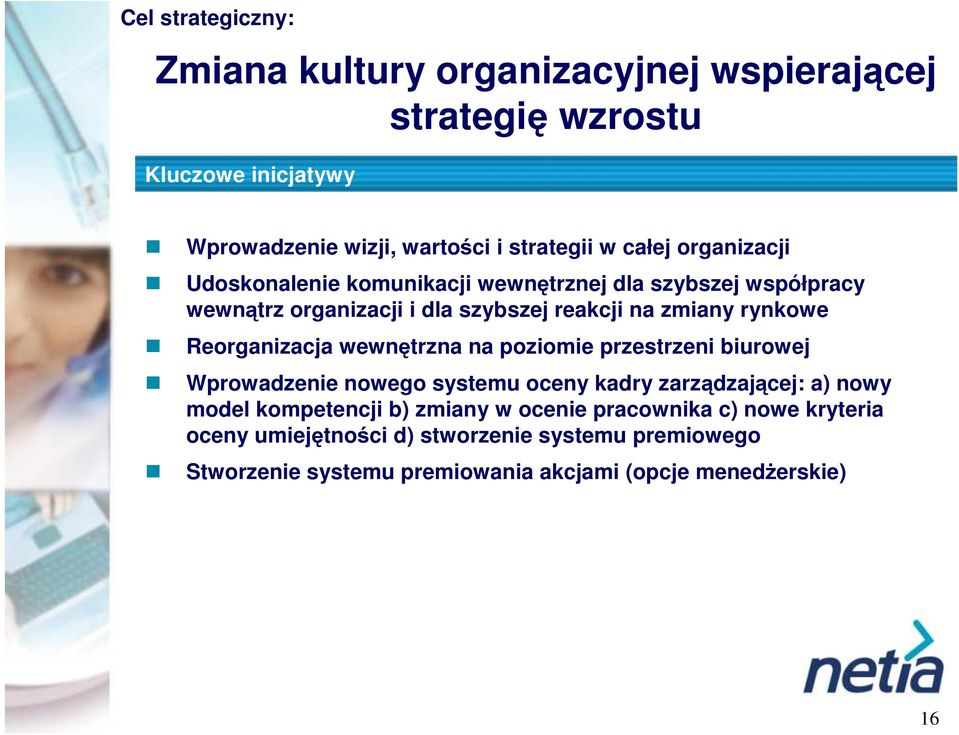 Reorganizacja wewnętrzna na poziomie przestrzeni biurowej Wprowadzenie nowego systemu oceny kadry zarządzającej: a) nowy model kompetencji b)