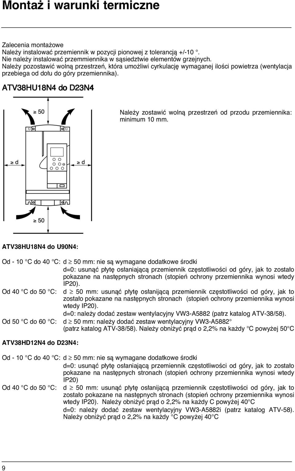 ATV38HU18N4 do D23N4 ³ # Nale y zostawiç wolnà przestrzeƒ od przodu przemiennika: minimum 10 mm.