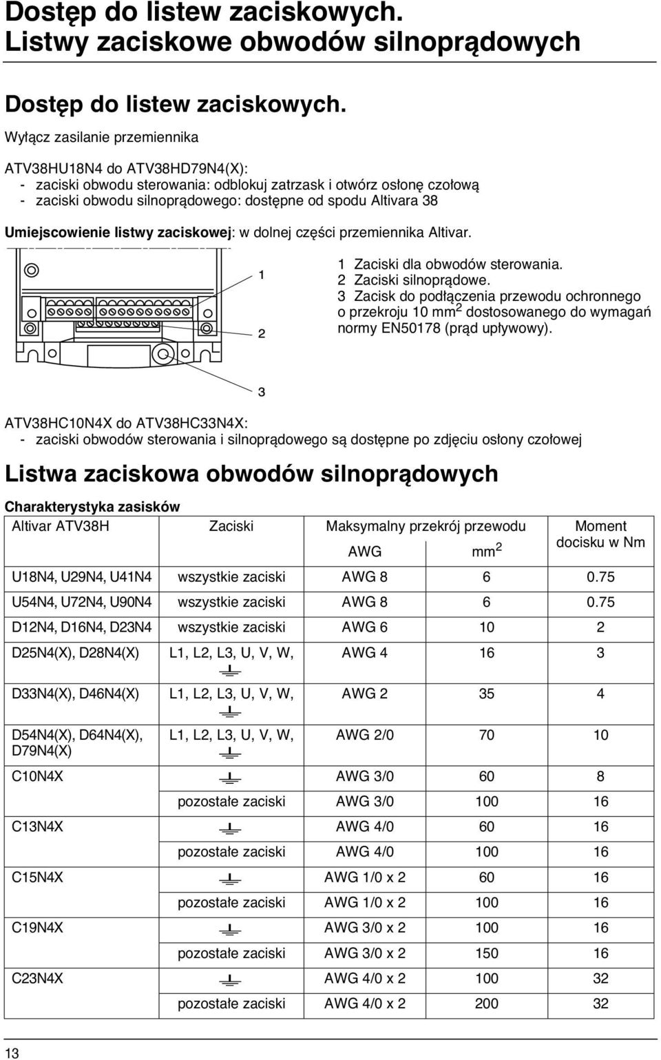 Umiejscowienie listwy zaciskowej: w dolnej cz Êci przemiennika Altivar. 1 Zaciski dla obwodów sterowania. 2 Zaciski silnopràdowe.