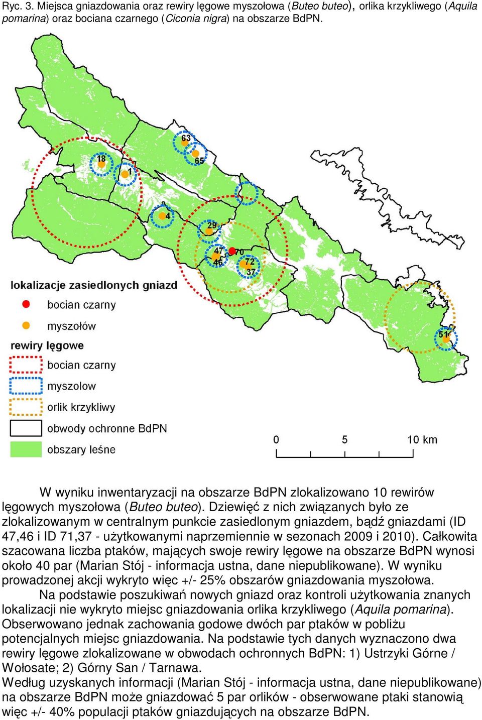 Dziewięć z nich związanych było ze zlokalizowanym w centralnym punkcie zasiedlonym gniazdem, bądź gniazdami (ID 47,46 i ID 71,37 - uŝytkowanymi naprzemiennie w sezonach 2009 i 2010).