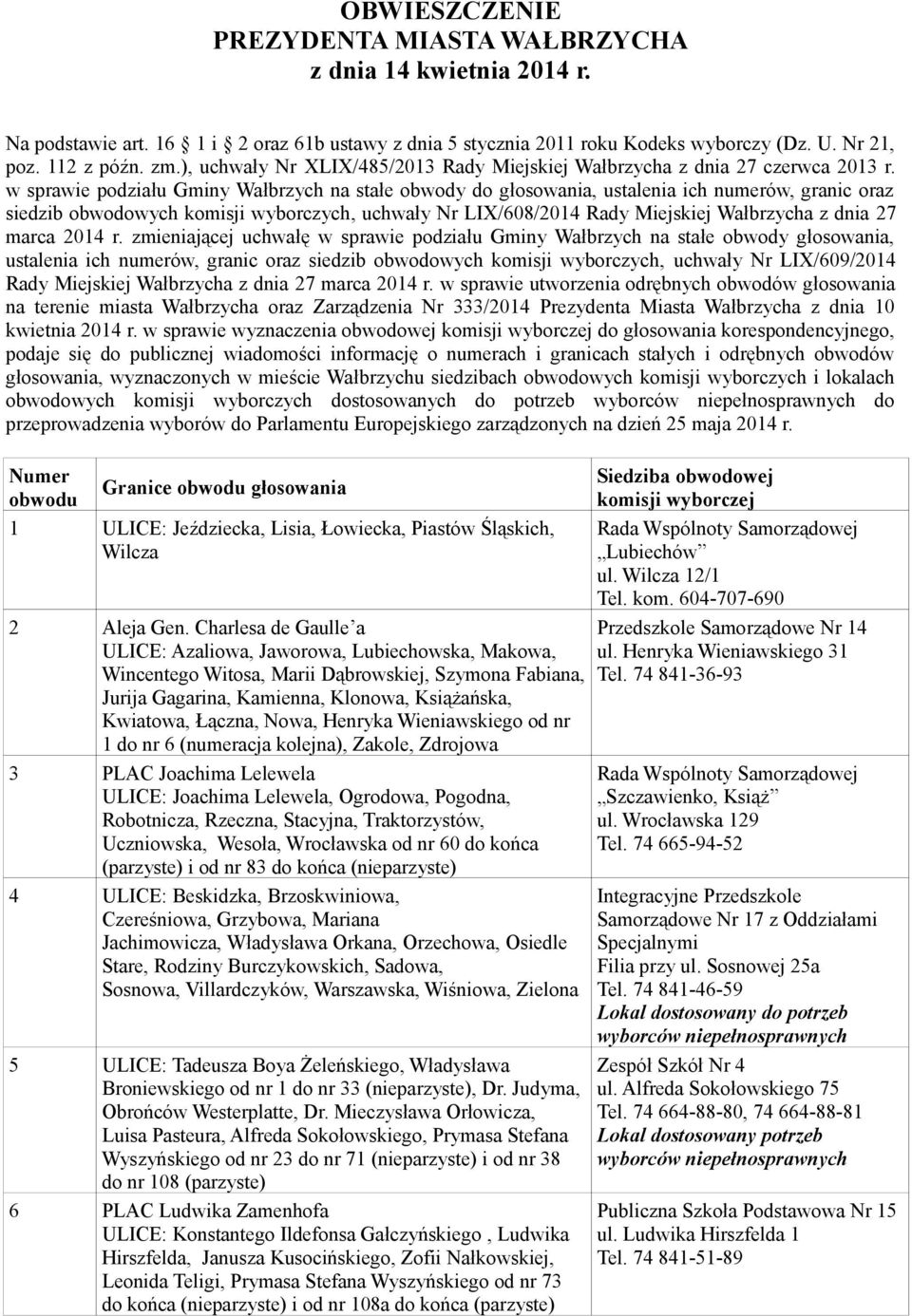 w sprawie podziału Gminy Wałbrzych na stałe obwody do głosowania, ustalenia ich numerów, granic oraz siedzib obwodowych komisji wyborczych, uchwały Nr LIX/608/2014 Rady Miejskiej Wałbrzycha z dnia 27