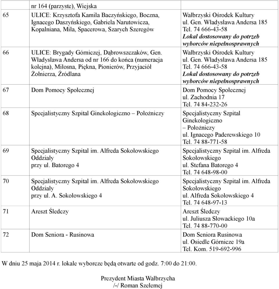 74 666-43-58 Wałbrzyski Ośrodek Kultury ul. Gen. Władysława Andersa 185 Tel. 74 666-43-58 67 Dom Pomocy Społecznej Dom Pomocy Społecznej ul. Zachodnia 17 Tel.