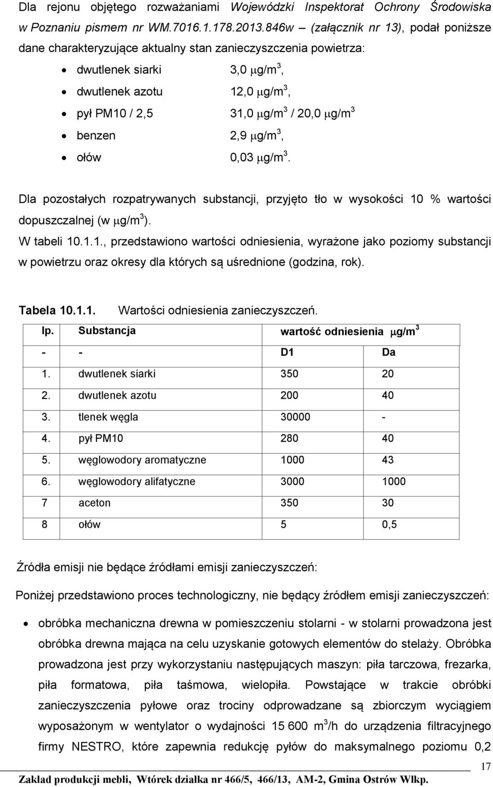 benzen 2,9 g/m 3, ołów 0,03 g/m 3. Dla pozostałych rozpatrywanych substancji, przyjęto tło w wysokości 10