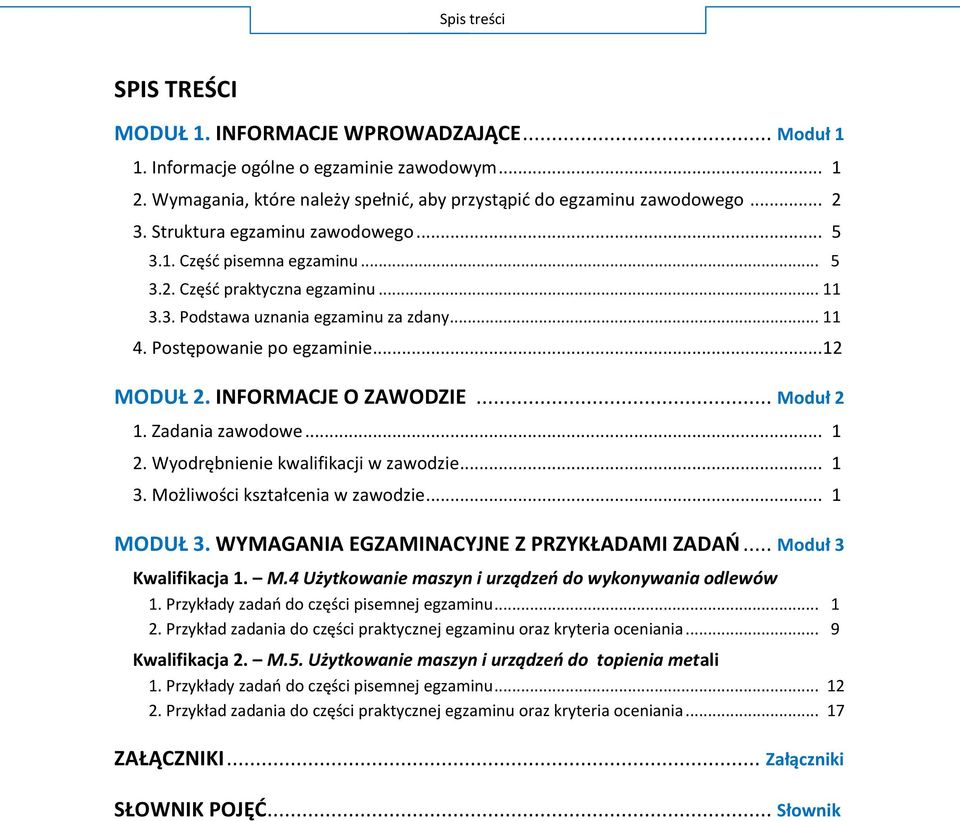 INFORMACJE O ZAWODZIE... Moduł 2 1. Zadania zawodowe... 1 2. Wyodrębnienie kwalifikacji w zawodzie... 1 3. Możliwości kształcenia w zawodzie... 1 MODUŁ 3. WYMAGANIA EGZAMINACYJNE Z PRZYKŁADAMI ZADAŃ.